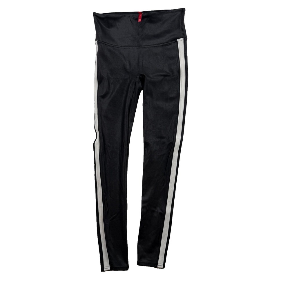 Spanx Faux Leather Tuxedo Stripe Leggings Black White Side‎ Stripes Women's M